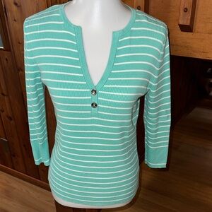 Lauren Ralph Lauren Size Medium Aqua and White Striped V-Neck Sweater
